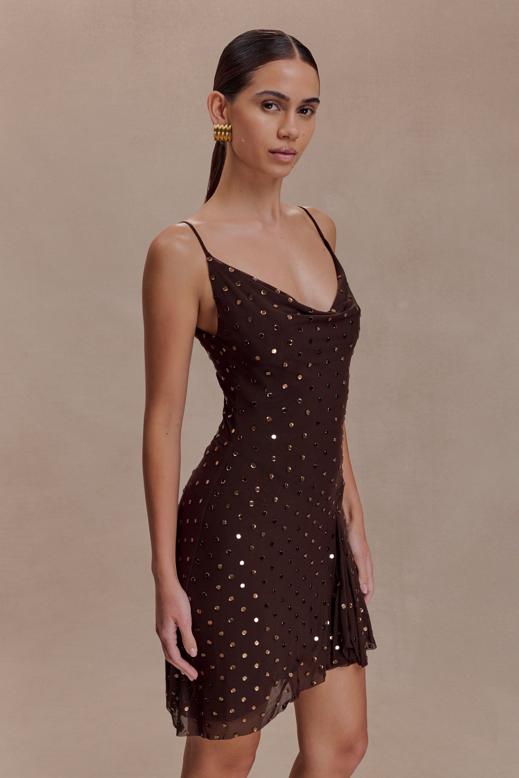Zahra Diamante Cowl Mini Dress - Chocolate - Image 7
