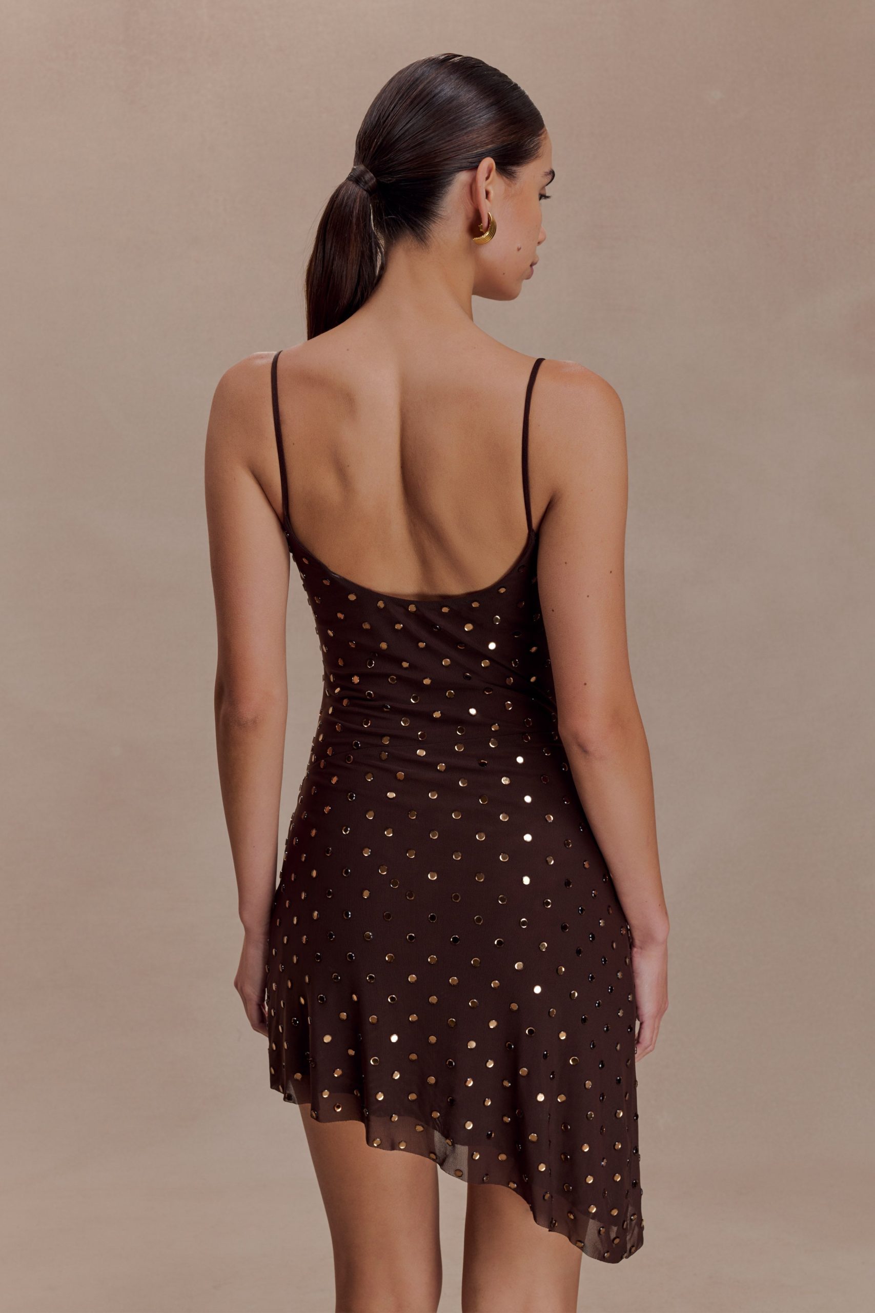 Zahra Diamante Cowl Mini Dress - Chocolate - Image 8