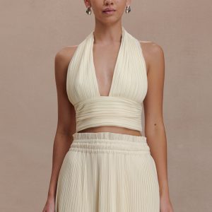 Amaris Sleeveless Plisse Halter Top - Lemon