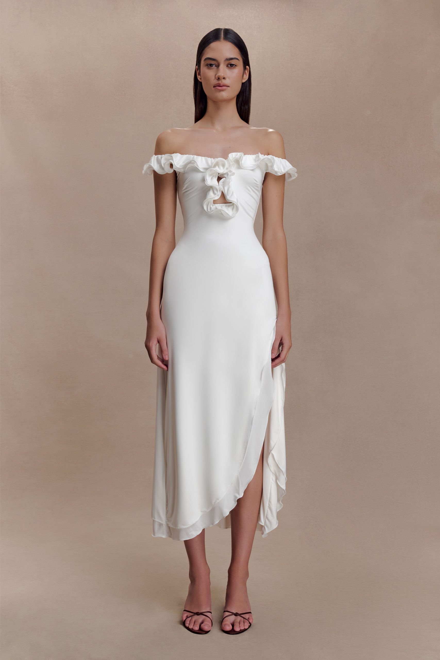 Allegra Off Shoulder Ruffle Midi Dress - Ivory - Image 2