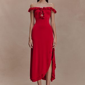 Allegra Off Shoulder Ruffle Midi Dress - Ruby