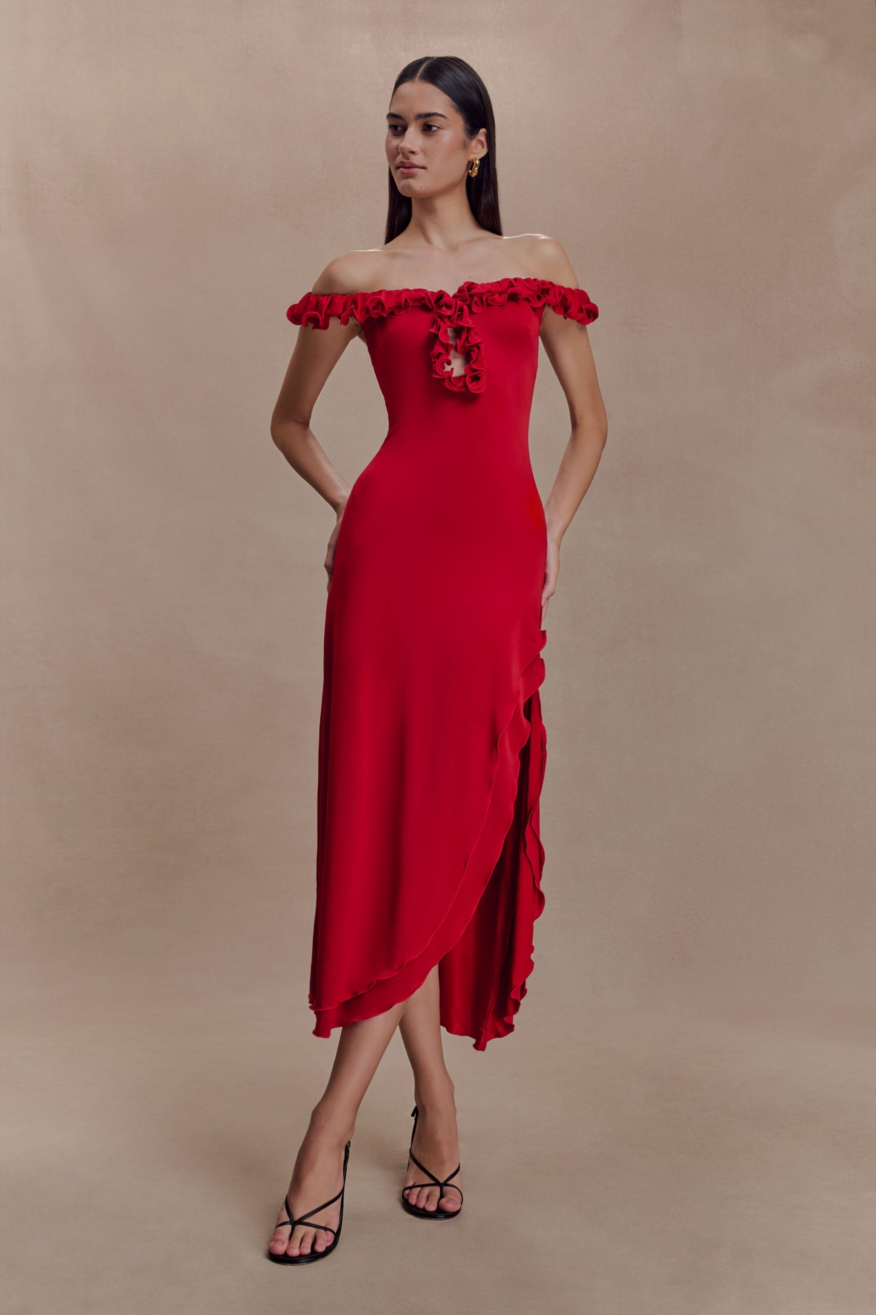 Allegra Off Shoulder Ruffle Midi Dress - Ruby - Image 6