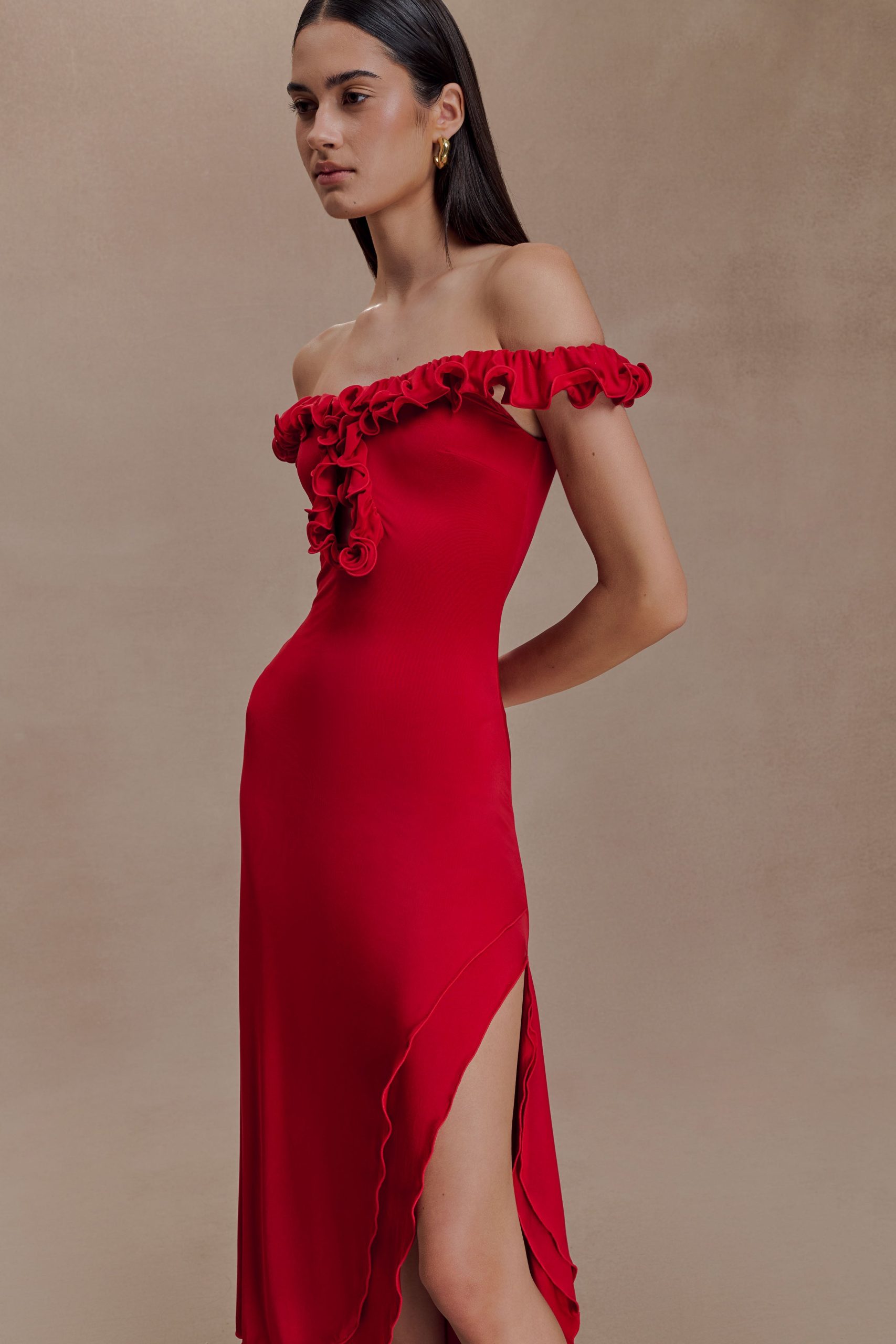 Allegra Off Shoulder Ruffle Midi Dress - Ruby - Image 3
