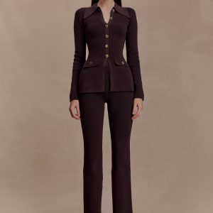 Suzie Ribbed Flared Pants - Chocolate