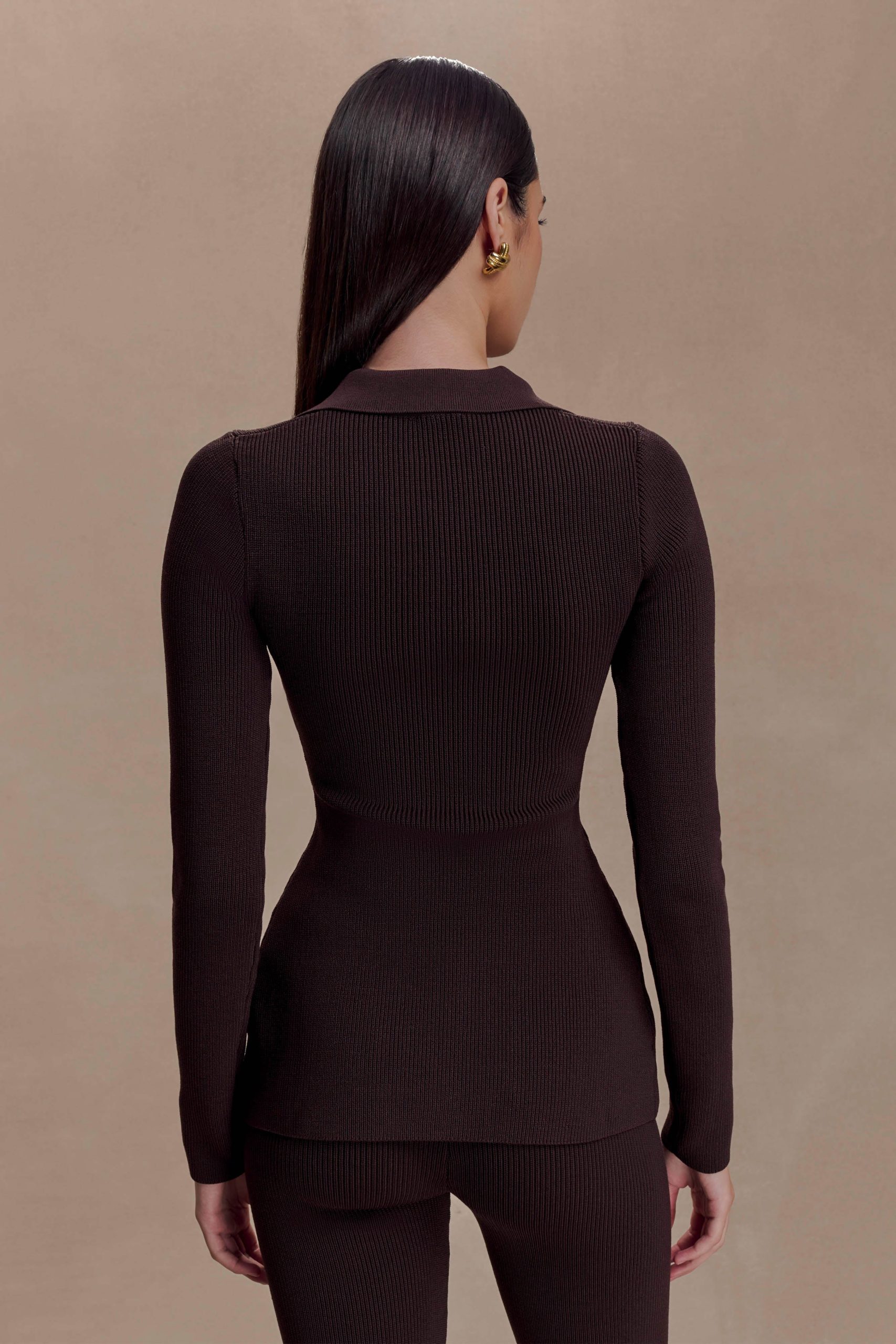 Suzie Ribbed Long Sleeve Longline Top - Chocolate - Image 3