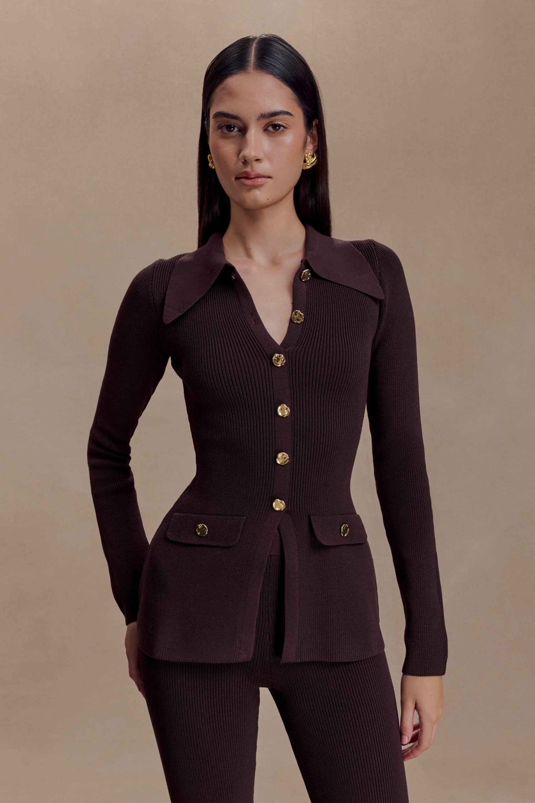 Suzie Ribbed Long Sleeve Longline Top - Chocolate - Image 2