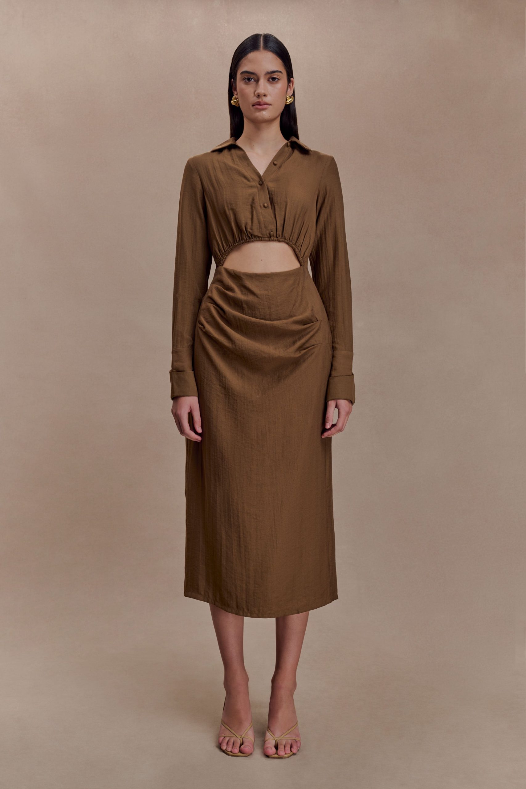 Cecilie Cut Out Shirt Midi Dress - Dark Chocolate - Image 4