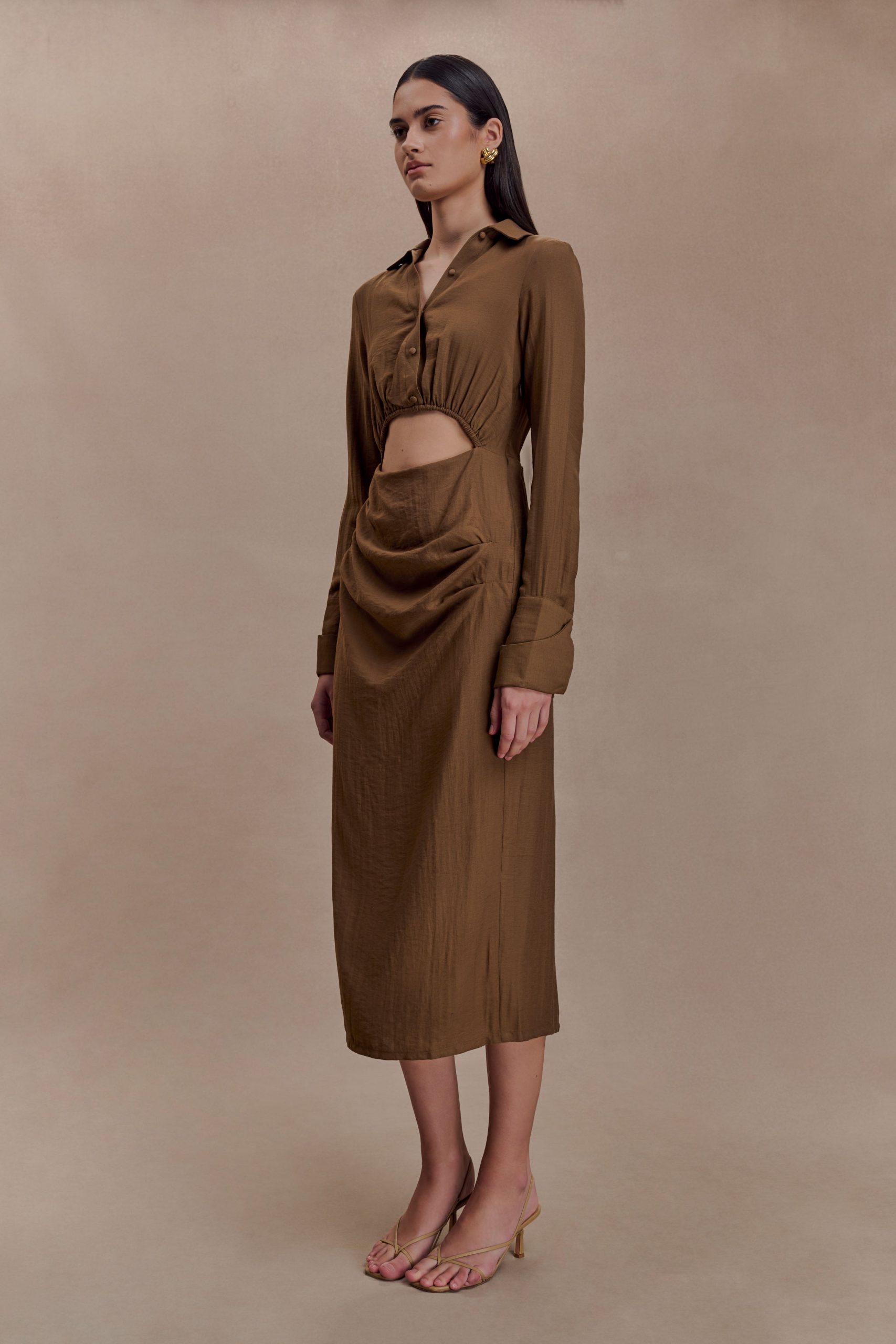 Cecilie Cut Out Shirt Midi Dress - Dark Chocolate - Image 5