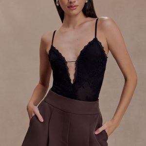 Jasper Sheer Plunge Lace Bodysuit - Black