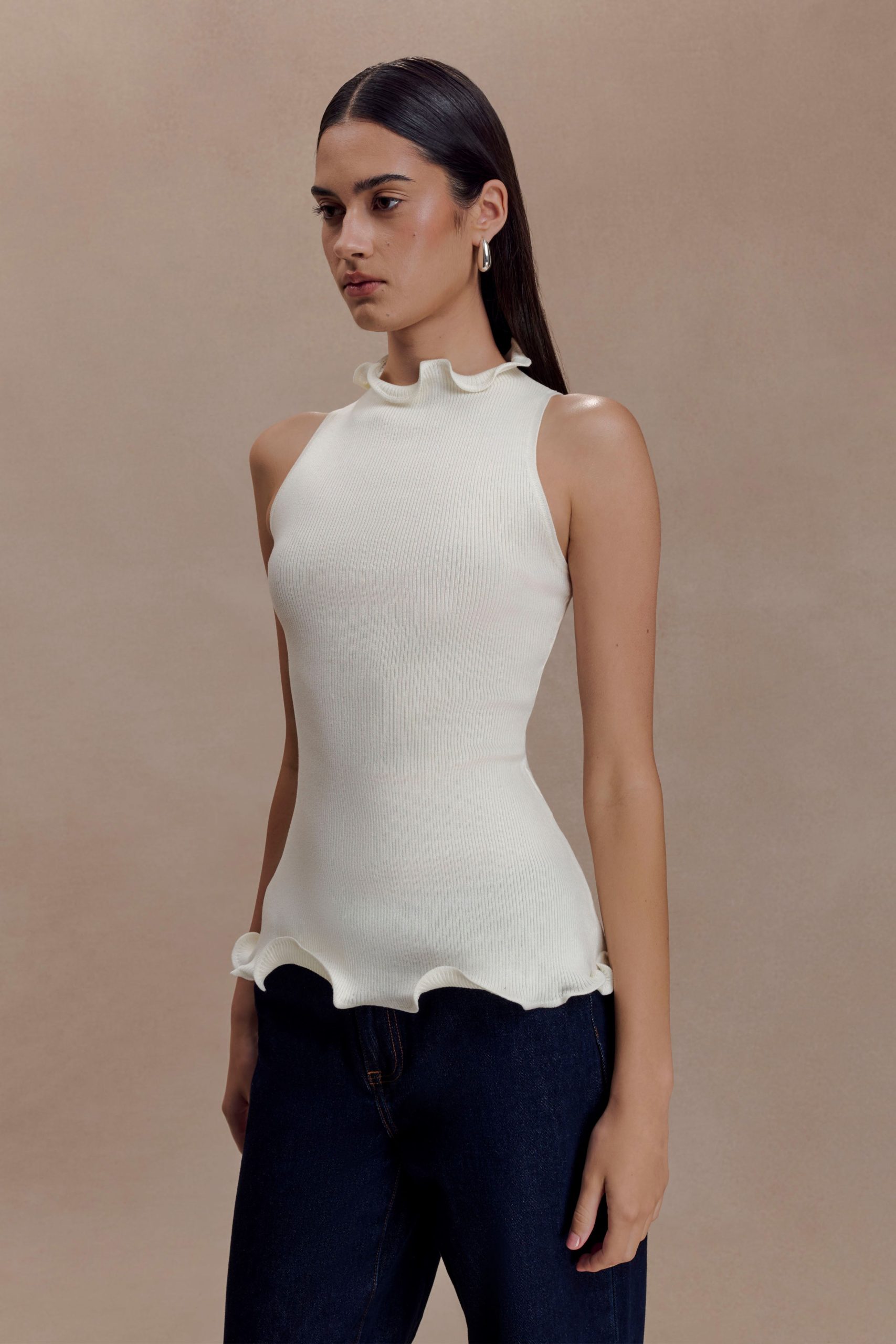 Diya Ribbed Sleeveless Top With Wire Hem - Ivory - Image 3