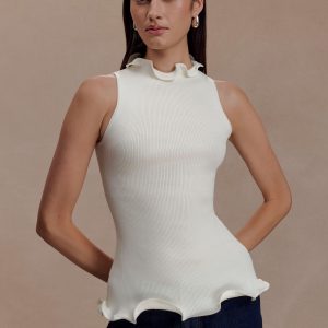 Diya Ribbed Sleeveless Top With Wire Hem - Ivory