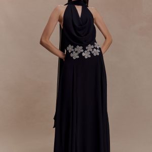 Santal Floral Chiffon Halter Maxi Dress - Black