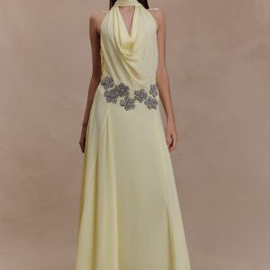 Santal Floral Chiffon Halter Maxi Dress - Lemon
