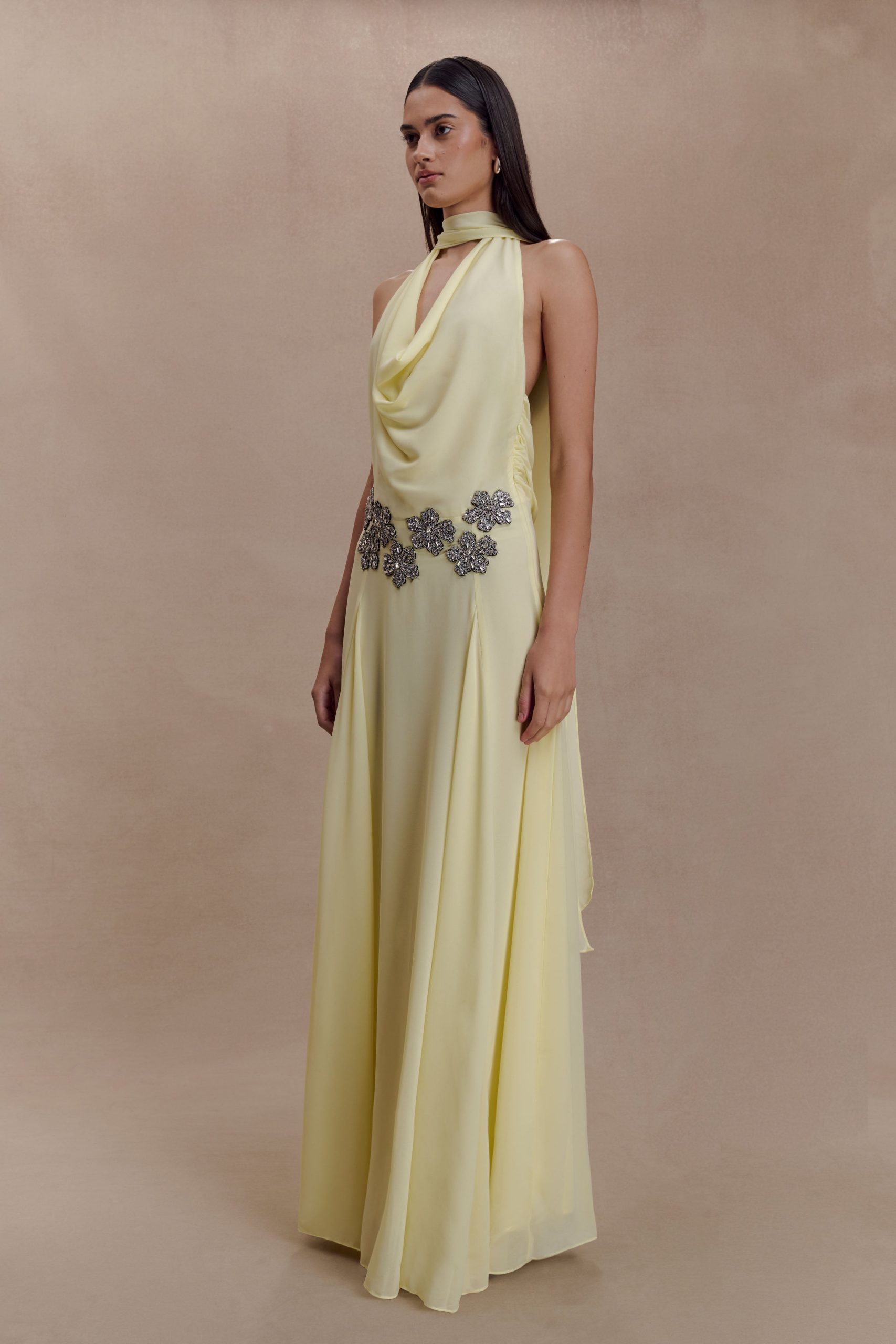 Santal Floral Chiffon Halter Maxi Dress - Lemon - Image 3