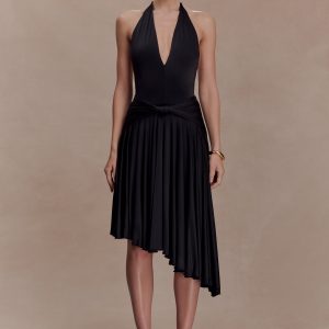 Zelda Asymmetric Slinky Midi Dress - Black