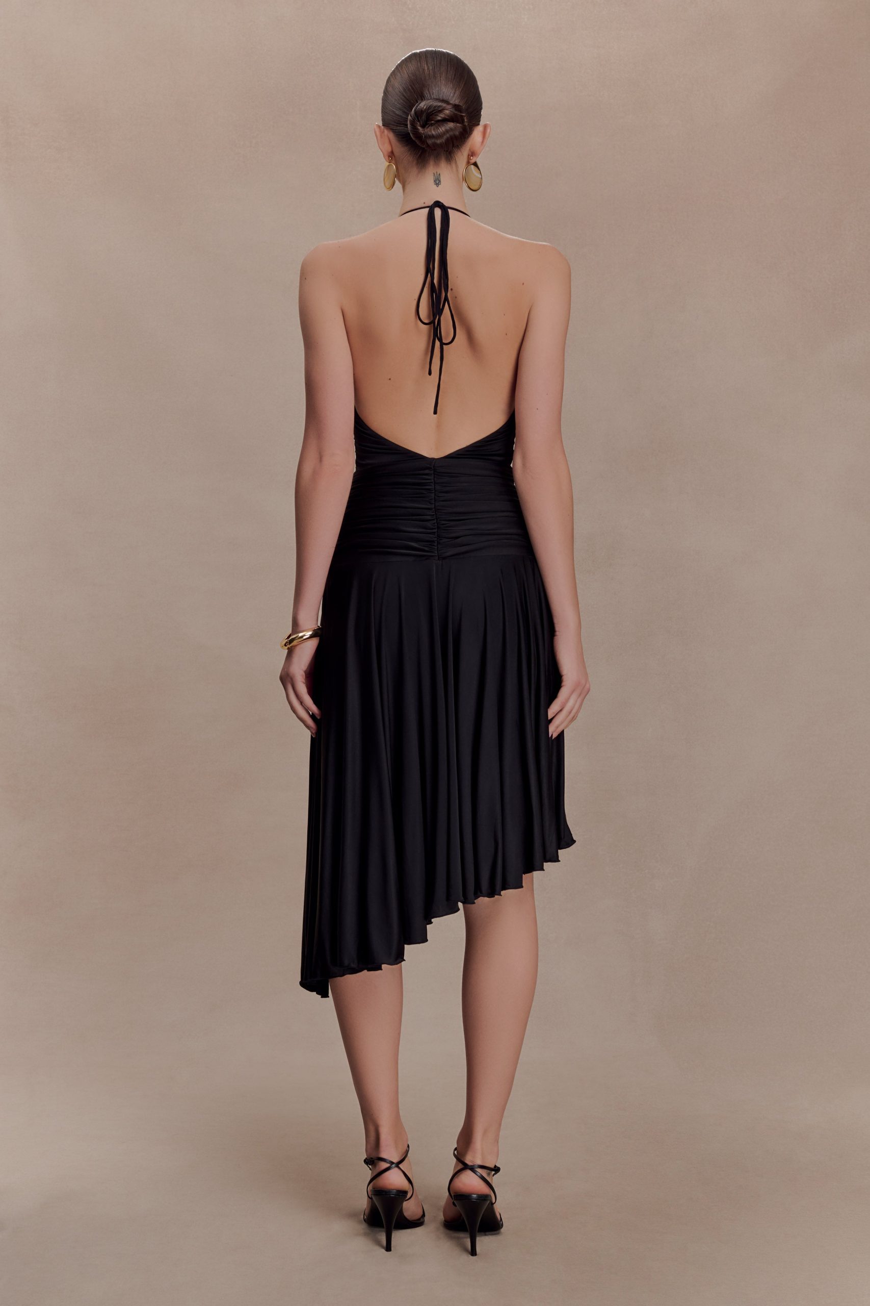 Zelda Asymmetric Slinky Midi Dress - Black - Image 2