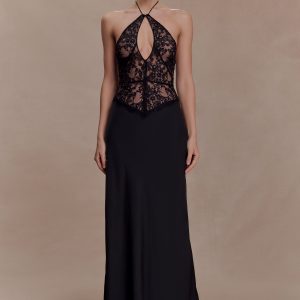 Sascha Lace And Satin Halter Maxi Dress - Black