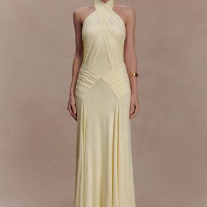 Indira Gathered Slinky Halter Maxi Dress - Lemon