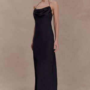 Lydia Cowl Neck Satin Maxi Dress - Black