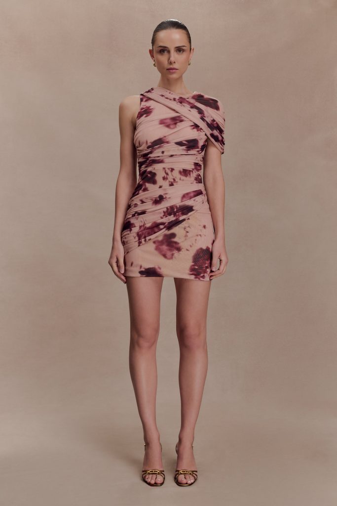 Adrienne One Shoulder Mesh Mini Dress - Nude Blurred Floral Print