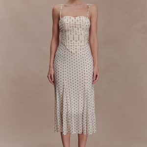 Willa Gathered Mesh Midi Dress - Polka Dot