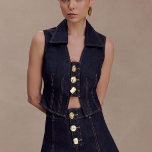 Shona Denim Vest With Decorative Buttons - Washed Indigo Blue