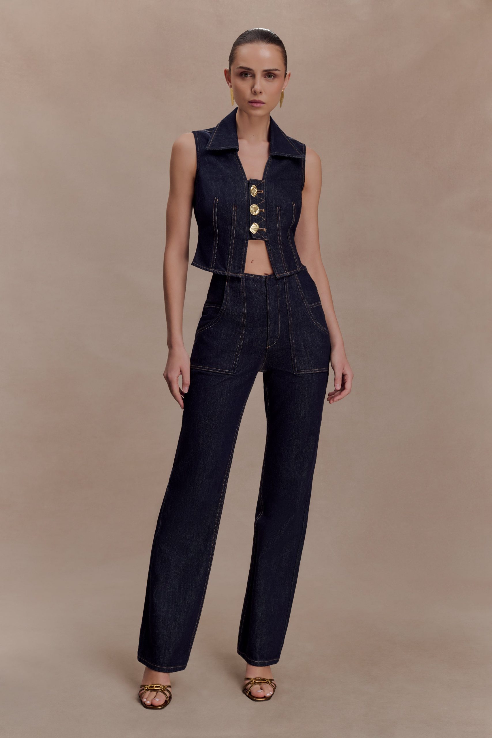 Shona Denim Vest With Decorative Buttons - Washed Indigo Blue - Image 7