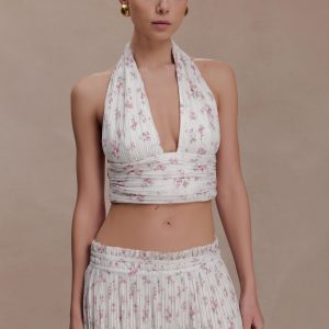 Amaris Sleeveless Plisse Halter Top - Floral Ditsy Print