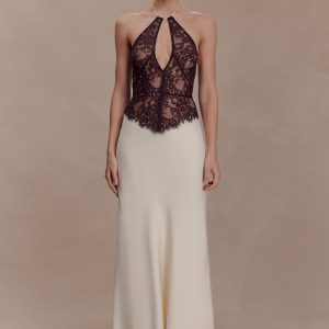 Sascha Lace And Satin Halter Maxi Dress - Ivory/Chocolate