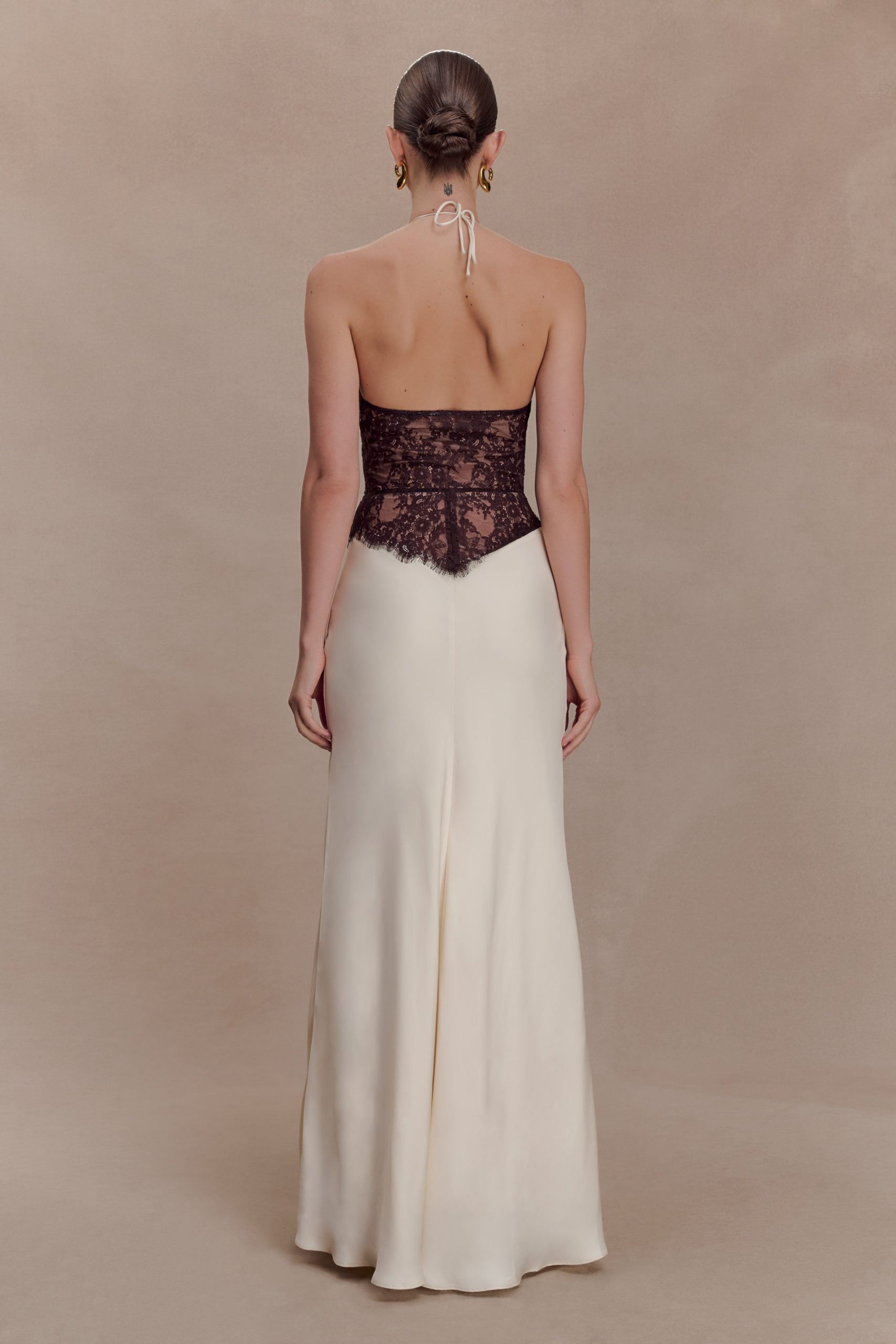 Sascha Lace And Satin Halter Maxi Dress - Ivory/Chocolate - Image 2