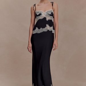 Nina Satin And Lace Maxi Skirt - Black/Ivory