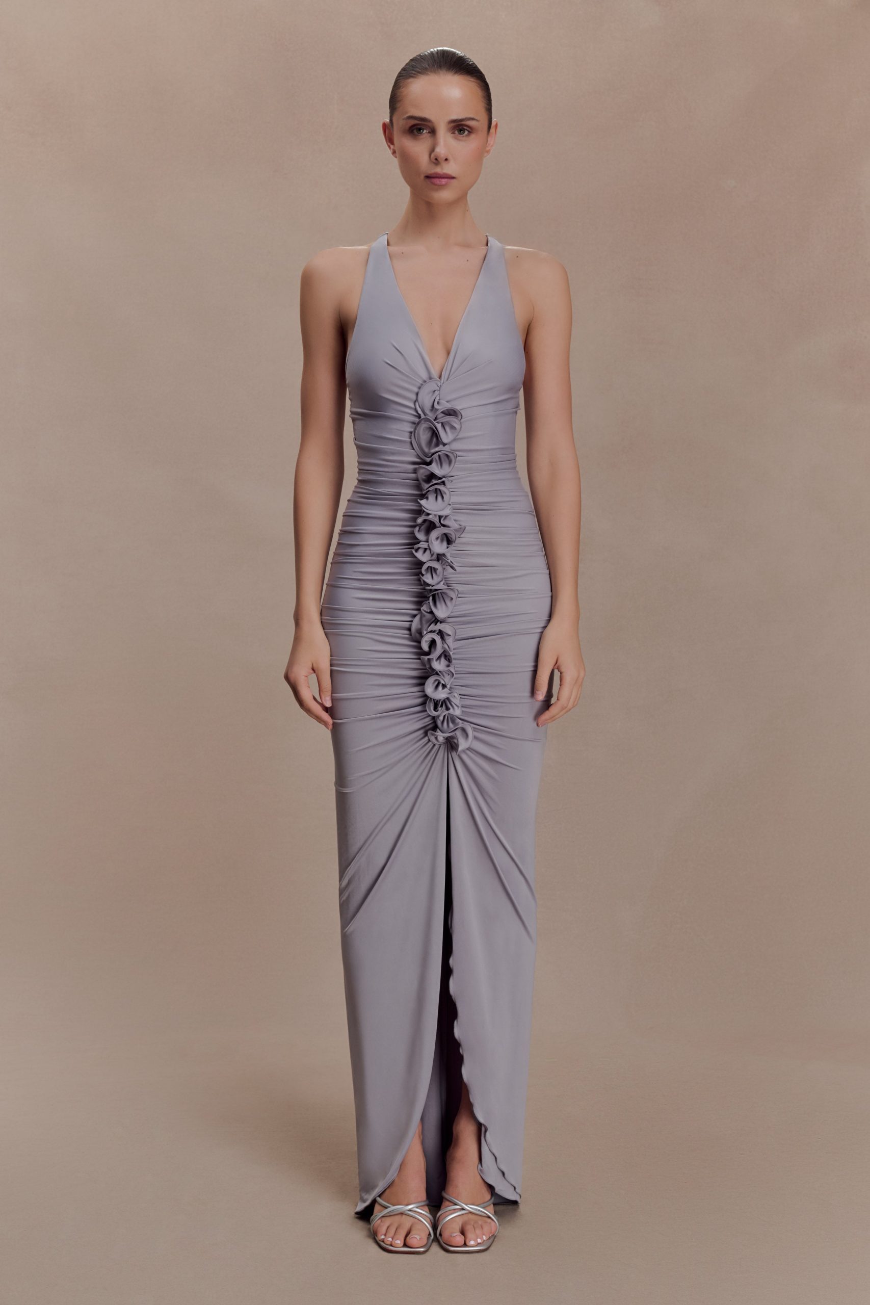 Alessandra Slinky Ruffle Maxi Dress - Grey - Image 2