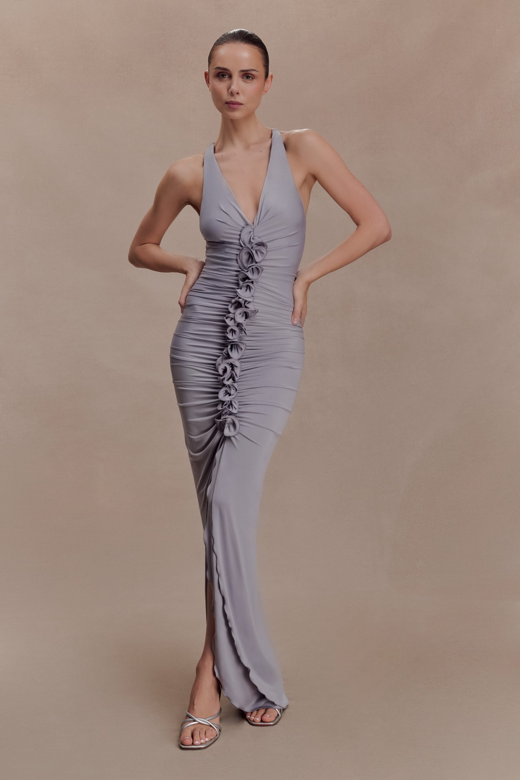 Alessandra Slinky Ruffle Maxi Dress - Grey - Image 7