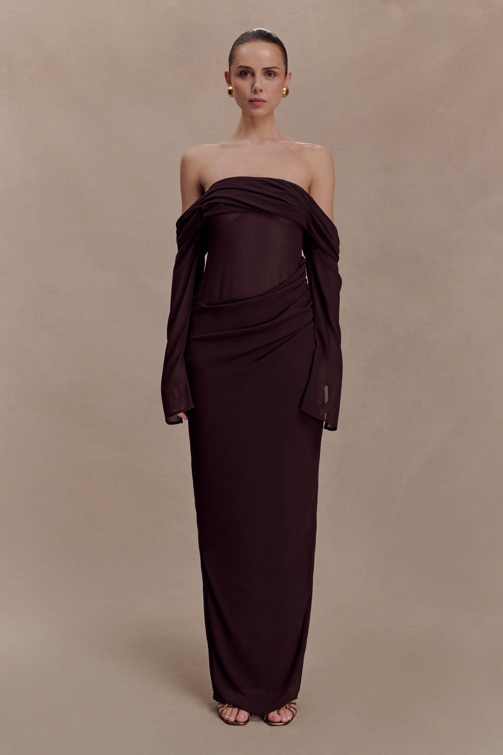 Kirsten Off Shoulder Chiffon Maxi Dress - Cacao Brown