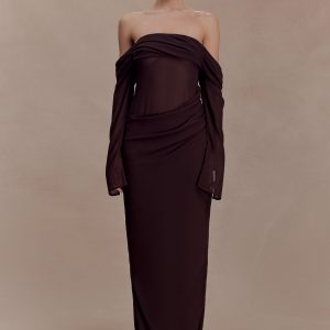 Kirsten Off Shoulder Chiffon Maxi Dress - Cacao Brown