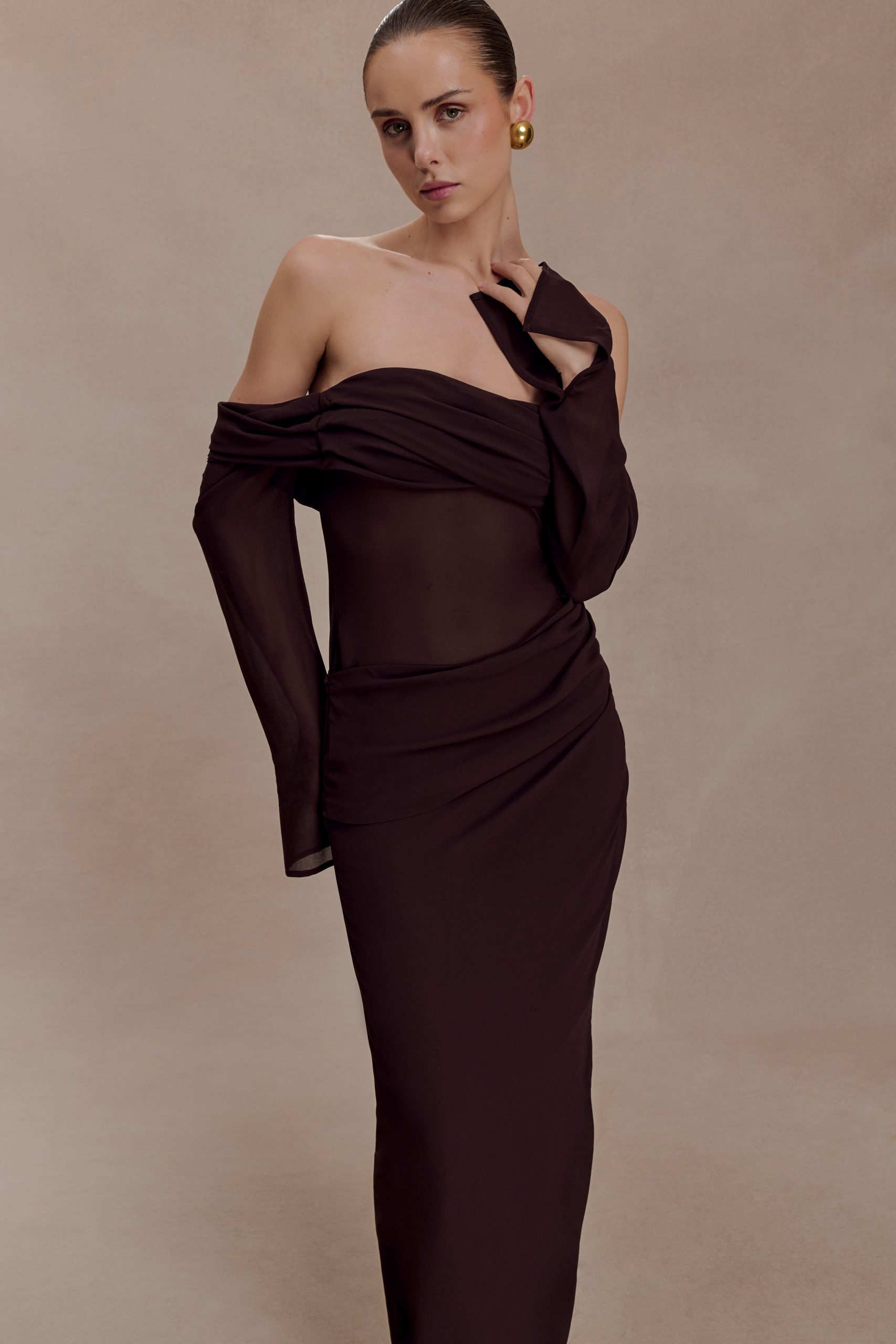Kirsten Off Shoulder Chiffon Maxi Dress - Cacao Brown - Image 5