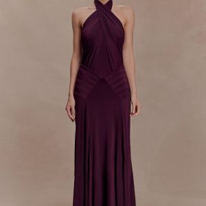Indira Gathered Slinky Halter Maxi Dress - Mahogany