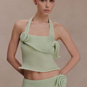 Samira Halter Knit Twist Top - Pastel Green