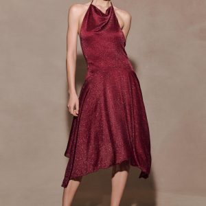 Sylvie Lurex Hankie Midi Dress - Wine