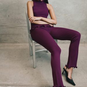 Diya Ribbed High Waisted Pants With Wire Hem - Plum