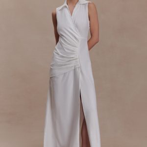 Dante Ruched Linen Midi Dress - White