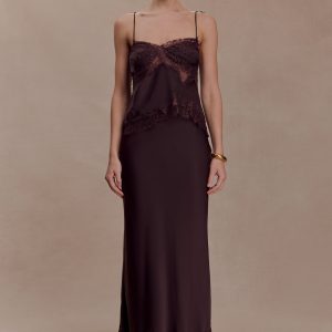 Nina Satin And Lace Maxi Skirt - Chocolate