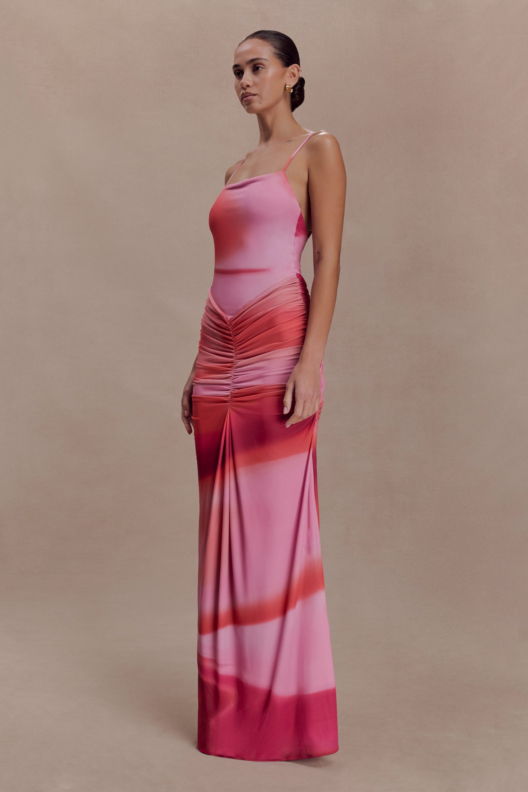 Roisin Slinky Maxi Dress - Pink Sunset Print - Image 3