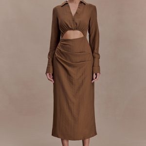 Cecilie Cut Out Shirt Midi Dress - Dark Chocolate