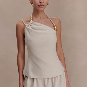 Gabby Asymmetrical Neckline Linen Beaded Top - Natural