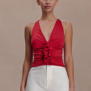 Alessandra Slinky Ruffle Top - Ruby