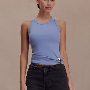 Lola Ribbed Sleeveless Top With Hardware - Cornflower Blue