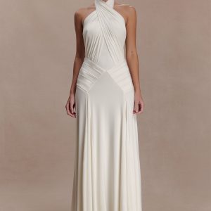 Indira Gathered Slinky Halter Maxi Dress - Ivory