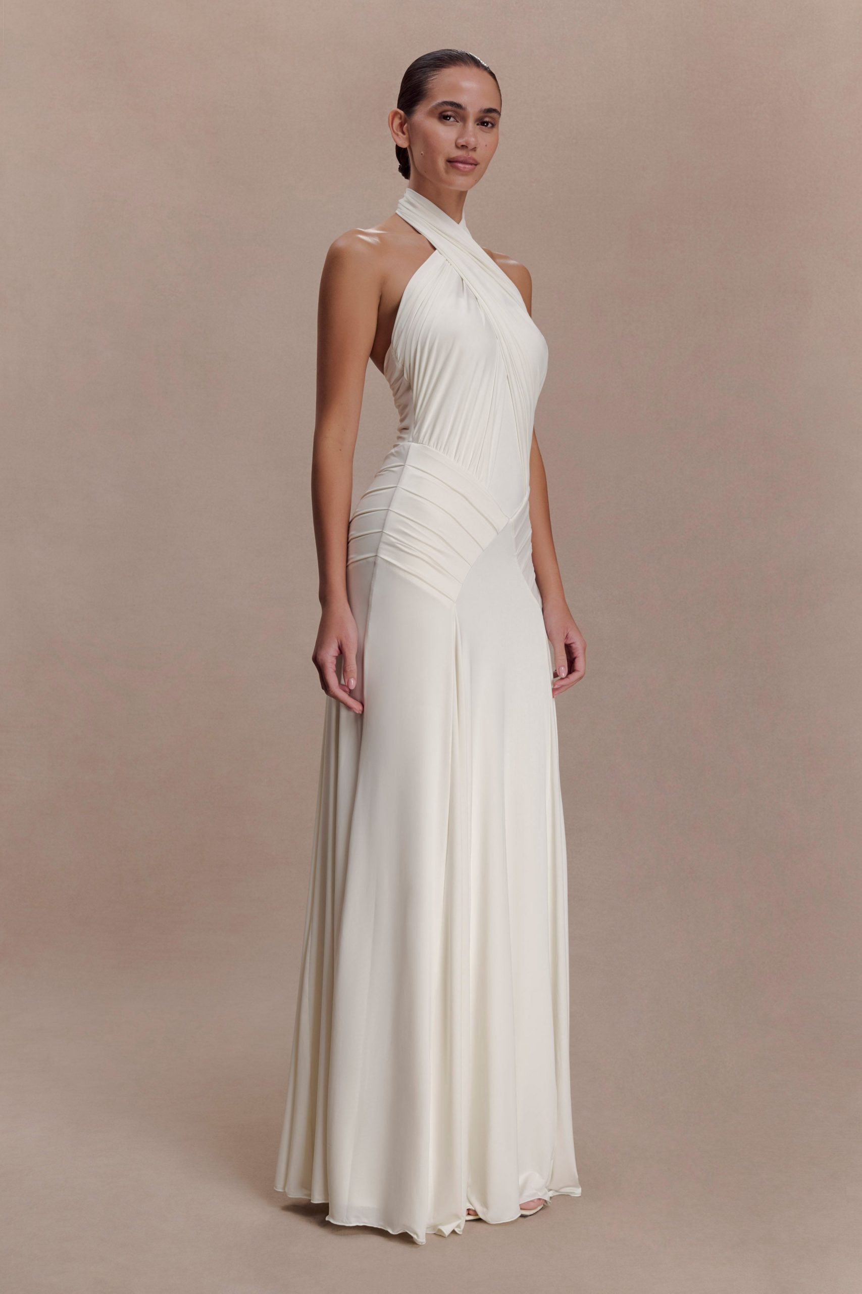 Indira Gathered Slinky Halter Maxi Dress - Ivory - Image 4