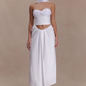 Talia Draped Linen Midi Skirt - White
